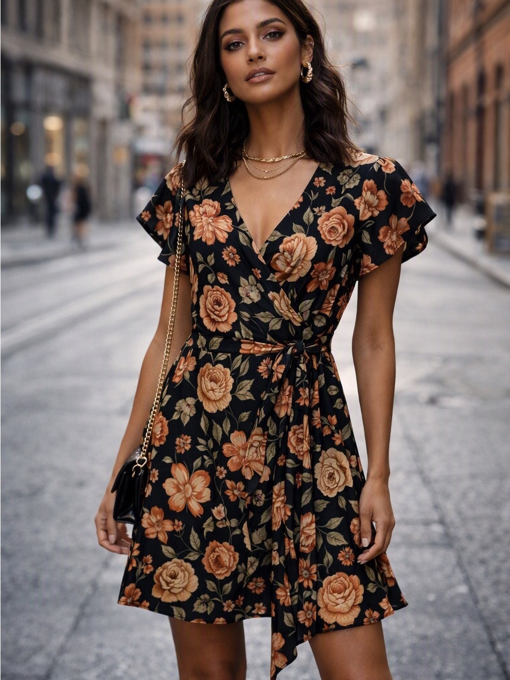 Black Faux Wrap Floral Dress L Romantic Boho Y2K Gothic Romance Coastal Cowgirl